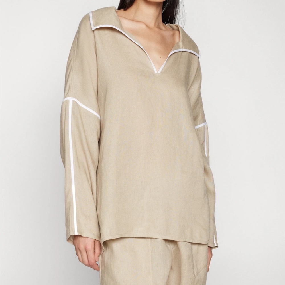 TORY BURCH Linen Oversized Luxury Blouse – Beige w/ White Piping Trim | Size L